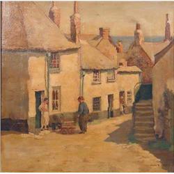 Dorcie Sykes (1908-) oil on canvas, Cornish street scene with fishseller, signed, 14 x 14 ins....