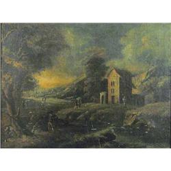 18th C. Italian School oil on canvas, Extensive landscape with figures beside a lake, 17.5 x 24 i...
