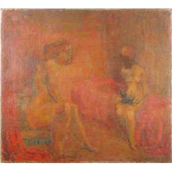 Edward Wakeford (1914-73) unframed oil on canvas, Nudes in a bedroom, initialled, 18 x 20 ins....