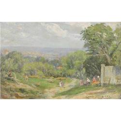 Henry Childe Pocock (1854-1934) oil on board, 'A View from the Flagstaff, Hampstead Heath', signe...