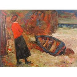 Reg Gammon (1894-1997) oil on board, Woman and fishing boat on a beach, signed, 18 x 24 ins....