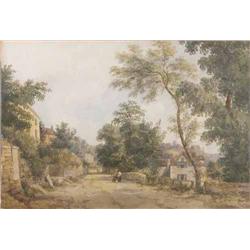 John Varley (1778-1842) watercolour, Figures on a lane passing houses, signed and dated 1838, 10...