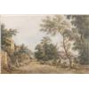 Image 1 : John Varley (1778-1842) watercolour, Figures on a lane passing houses, signed and dated 1838, 10...