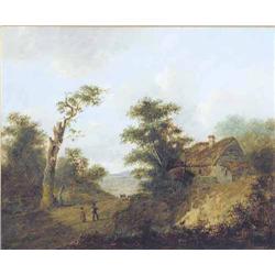 Attributed to Patrick Nasmyth (1787-1831) oil on board, Travellers and cottage in a landscape, 10...