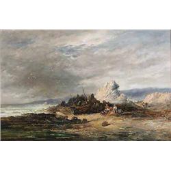 John Holland Snr (fl.1831-1879) oil on canvas, 'Isle of Sark, Channel Islands', with lobstermen o...