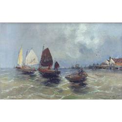 John Claiton (19th/20th C.) pair of oils on canvas, Fishing boats leaving and returning to harbou...