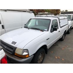 1999 FORD RANGER, WHITE, PICKUP, GAS, AUTOMATIC, VIN#1FTYR10C8XTA91567, 136,812KMS, RD, CANOPY AND