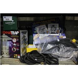 SHELF OF INSECT TRAPS, HOSE, SHOES, ART KIT AND MORE