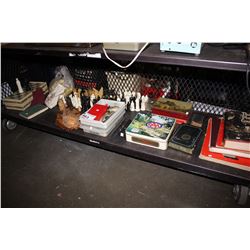 SHELF LOT OF COLLECTABLES INCLUDING CHESS SET, FIGURINES AND MORE