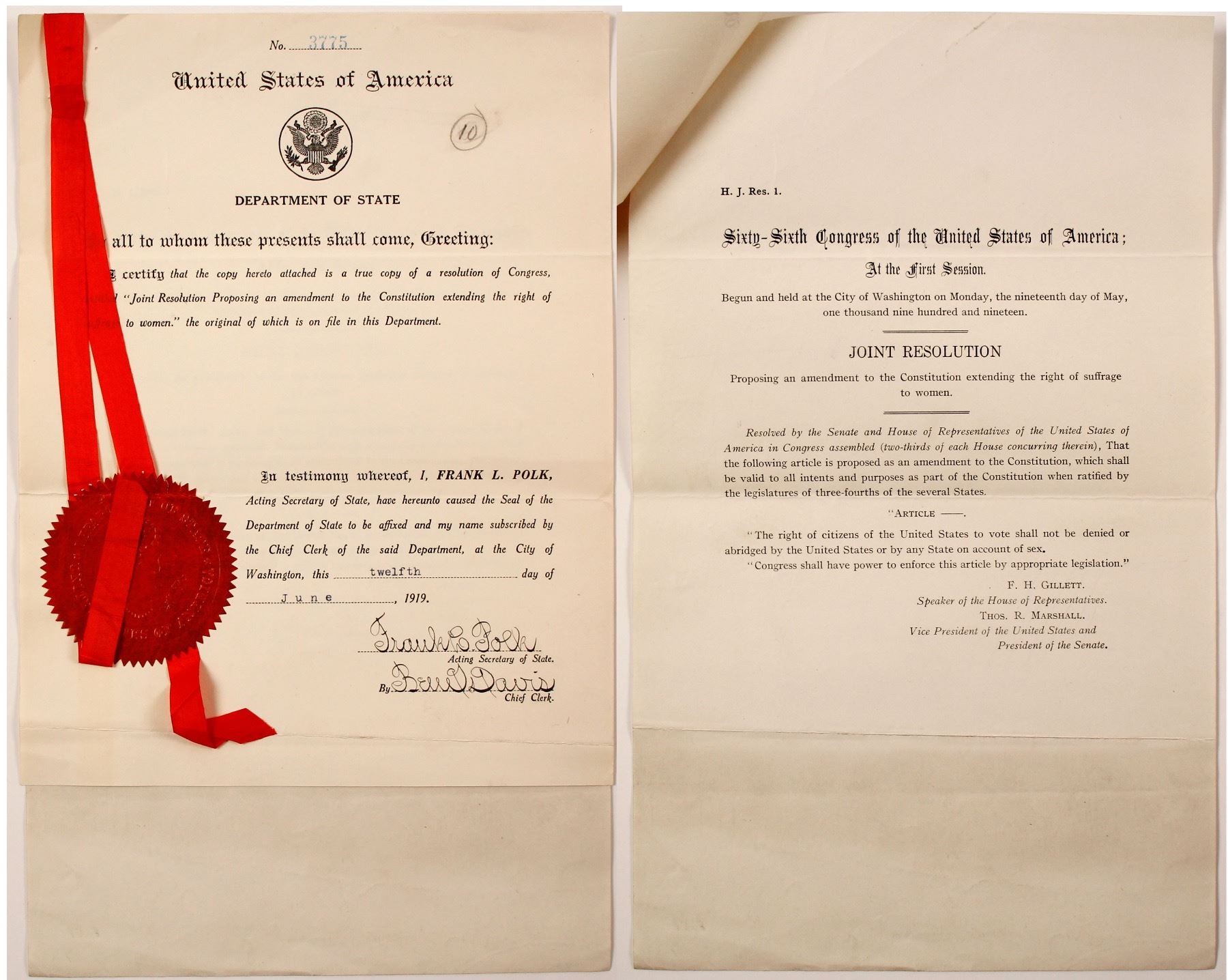 Official Copy of the 19th Amendment (Women's Right to Vote)
