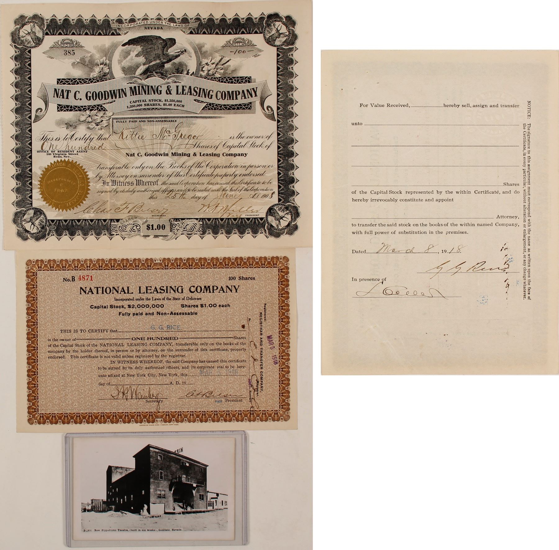 Nat C. Goodwin & George Graham Rice Goldfield Mining Stock Certificates ...