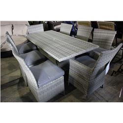 RECTANGULAR PATIO DINING TABLE WITH EIGHT CHAIRS - GREY CUSHIONS