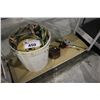 Image 1 : TWO MINI FISHING RODS, LARGE FISHING REEL, AND BUCKET OF LURES AND MORE