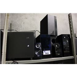 SHELF LOT OF ASSORTED SPEAKERS AND SUBWOOFERS