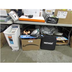 WHITE TRASH CAN & CONTENTS, BOX OF ASSORTED PLASTIC CUPS, GARDENING BOOK, HALLOWEEN DECOR, EXTREME