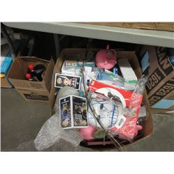 BOX OF BOOKS, DRINKING GLASSES, POP FIGURES, HALLOWEEN MASK & SMALL DECOR, CANDY, FISHINGI ROD