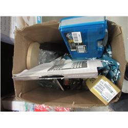 BOX OF ASSORTED LINEN, ORGANIZER BOX, BOOKS, CELLPHONE ACCESSORIES, CABLES, MISC