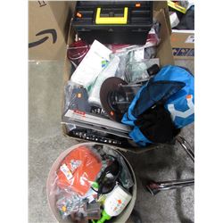 BOX OF ASSORTED HOUSEHOLD ITEMS, DECOR, LED LIGHT STRIP, TOOL BOX, LINEN, MISC