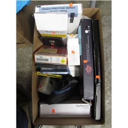 BOX OF ASSORTED WYZECAM CAMERAS, PS4 CHARGING STAND, KEYBOARD, STARTECH GEAR, GRADO HEADPHONES, ETC