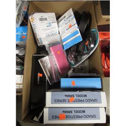 BOX OF ASSORTED GRADO HEADPHONES, PHONE ACCESSORIES, HEADPHONES, CD & DVD SLEEVES, CDS, ETC