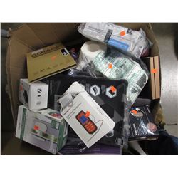 BOX OF ASSORTED ELECTRONICS, TOILET PAPER, LINEN, CELLPHONE ACCESSORIES, IHOME WI-FI SENSOR, ETC