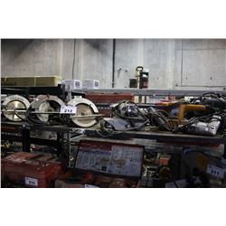 SHELF LOT OF ASSORTED CIRCULAR SAWS & POWER TOOLS