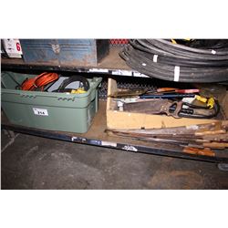 SHELF LOT OF ASSORTED EXTENSION CORDS, HAND TOOLS & SAWS
