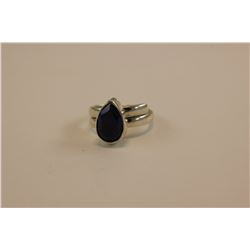 LAB CREATED SAPPHIRE RING, DEEP BLUE FLAME, ELONGATED PEAR SHAPE, SET WITH CANADA STAMP IN HEAVY