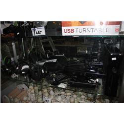 SHELF LOT OF ASSORTED GAMING HEADSETS, XBOX 360 & MORE