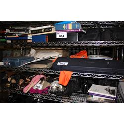 SHELF LOT INCLUDING YAMAHA KEYBOARD, COMIC COLLECTION, POKEMON CARD COLLECTION AND MORE