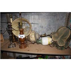 SHELF LOT OF ASSORTED LAMPS AND CANDELABRAS