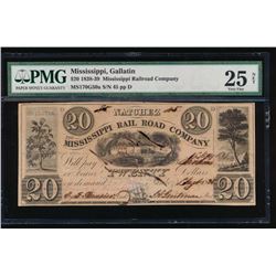 1838 $20 Mississippi Railroad Company Obsolete Note PMG 25NET