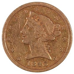 1843 $5 Liberty Head Half Eagle Gold Coin