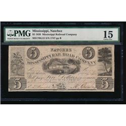 1839 $5 Mississippi Railroad Company Obsolete Note PMG 15