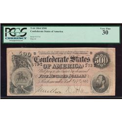 1864 $500 Confederate States of America Note PCGS 30