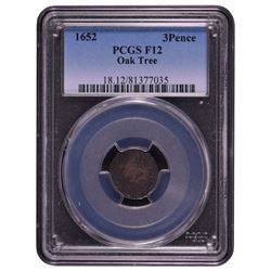 1652 Oak Tree 3 Pence Coin PCGS F12