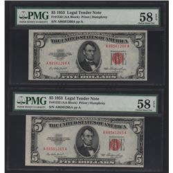 Lot of (2) 1953 $5 Legal Tender Notes PMG 58EPQ