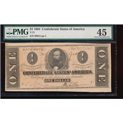 1864 $1 Confederate States of America Note PMG 45