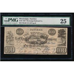 1839 $100 Mississippi Railroad Company Obsolete Note PMG 25