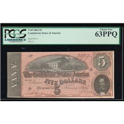 1864 $5 Confederate States of America Note PCGS 63PPQ
