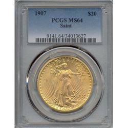1907 $20 St Gaudens Double Eagle Gold Coin PCGS MS64