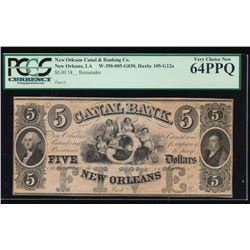 1800's $5 Canal Bank Obsolete Note PCGS 64PPQ