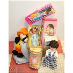 BOX OF ASSORTED COLLECTOR DOLLS.