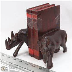SET OF WOOD RHINOCEROS BOOK ENDS
