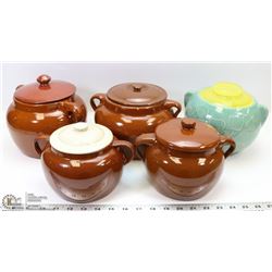 9) 5 VINTAGE BEAN CROCKS WITH LIDS, 1 MADE IN