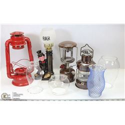 10) 2 LANTERNS, 4 CHIMNEYS,CNR GLOBES , DISPENSER,
