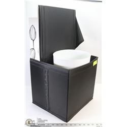 3 COLLAPSIBLE ORGANIZING CUBES, TRASH CAN AND ART