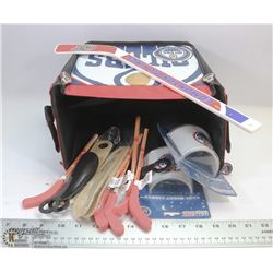 OILERS TRUNK ORGANIZER FILLED WITH VARIOUS SPORTS