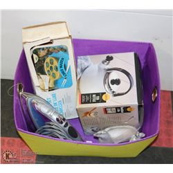 BASKET WITH TEA KETTLE, IRON ETC