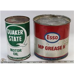 ESSO 5LB GREASE TIB & ONE QUAKER STATE QUART CANS.